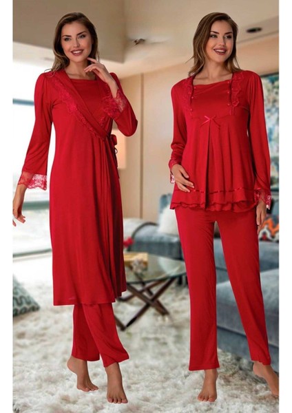 Puerpera Kadın Vişne Emzirme Özellikli Sabahlıklı Lohusa Hamile Pijama Takımı