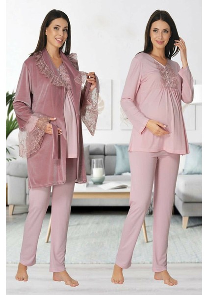 Puerpera Effort Kadın Kışlık Pudra Kadife Sabahlıklı Lohusa Hamile Pijama Takımı 8088