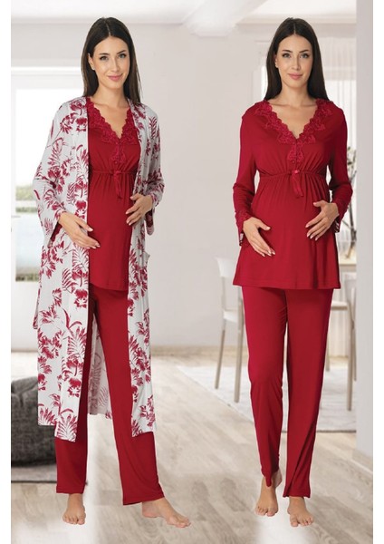 Effort Kadın Vişne Uzun Kollu Hamile Pijama Takımı Sabahlık Lohusa Set 8094