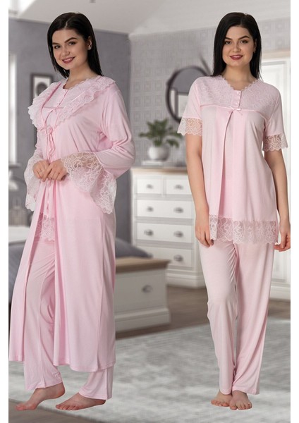 Puerpera Effort Kadın Pembe Lohusa Hamile Sabahlıklı Pijama Takımı 5044