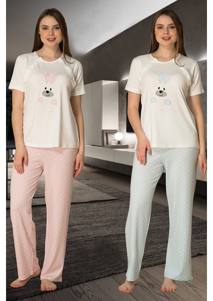Effort Kadın Pembe Kısa Kollu Tavşan Figürlü Lohusa Hamile Pijama Takımı 2074