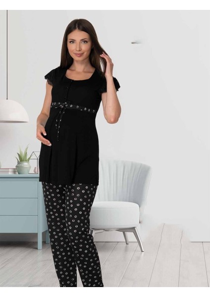 Puerpera Effort Kadın Siyah Desenli Lohusa Hamile Pijama Takımı 6012
