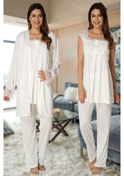 Puerpera Effort Kadın Ekru Hamile Lohusa Sabahlıklı Pijama Takımı 2301
