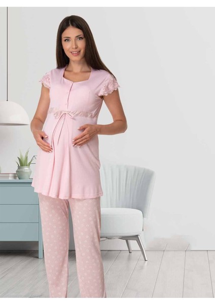 Puerpera Effort Kadın Pembe Desenli Lohusa Hamile Pijama Takımı 6012