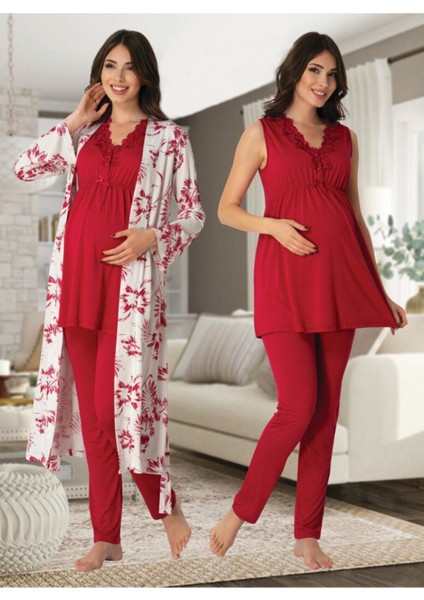 Puerpera Effort Kadın Vişne Lohusa Hamile Sabahlıklı Pijama Takımı 8034