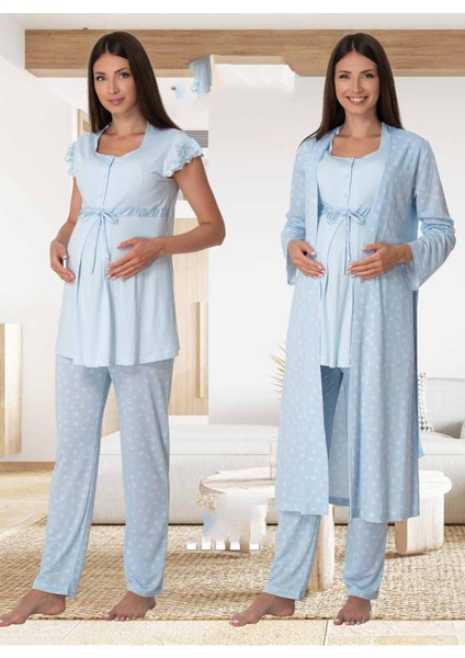 Effort Kadın Mavi Hamile Lohusa Sabahlıklı Pijama Takımı 6014