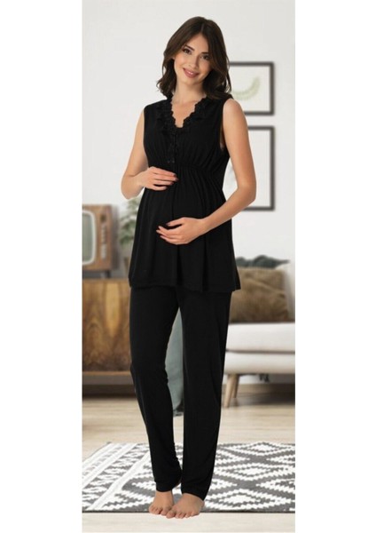 Puerpera Effort Kadın Siyah Hamile Lohusa Pijama Takımı 8032