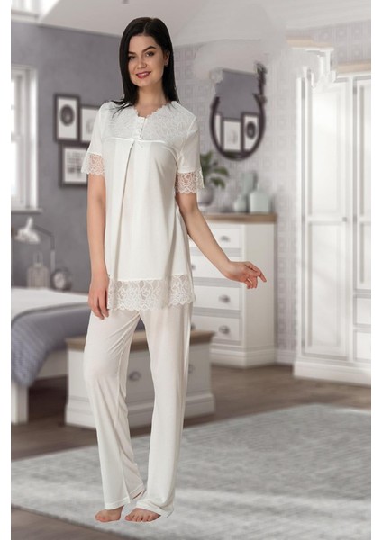 Effort Kadın Ekru Kısa Kollu Hamile Lohusa Pijama Takımı 5042