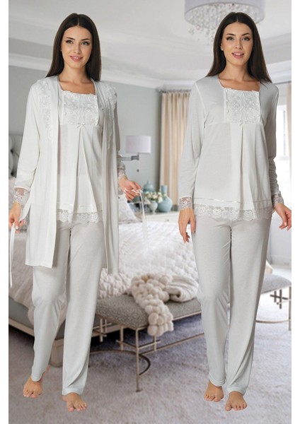 Puerpera Effort Kadın Ekru Sabahlıklı Hamile Lohusa Pijama Takımı 3044