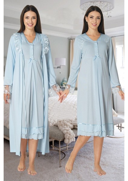 Puerpera Effort Kadın Mavi Hamile Lohusa Gecelik 2'li Set 2425