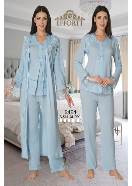 Puerpera Effort Kadın Mavi Uzun Kollu Lohusa Hamile Pijama Takımı Sabahlık 2424