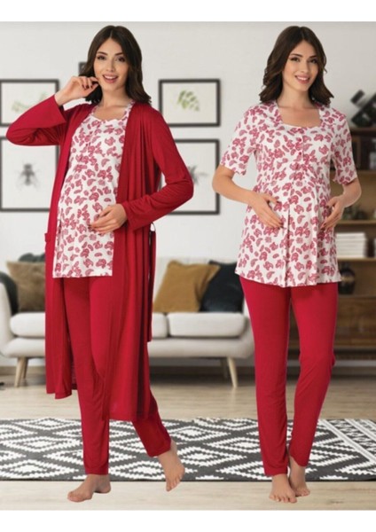 Puerpera Kadın Vişne Lohusa Hamile Sabahlıklı Pijama Takımı 8014