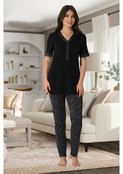 Effortt Siyah Kadın Hamile Lohusa Pijama Takımı 8052