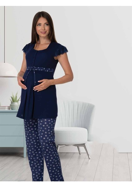 Puerpera Effort Kadın Lacivert Desenli Lohusa Hamile Pijama Takımı 6012