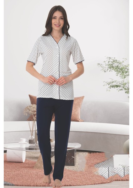 Effortt Kadın Hamile Lohusa Pijama Takımı Yazlık Kısa Kollu Biyeli Puantiyeli Takım 1042