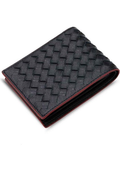 Örgü Desenli Kırmızı Kenarlı Siyah Deri Erkek Cüzdanı