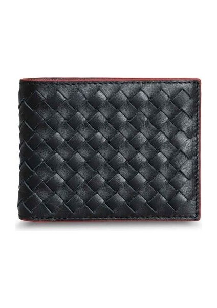 Örgü Desenli Kırmızı Kenarlı Siyah Deri Erkek Cüzdanı fırsatları