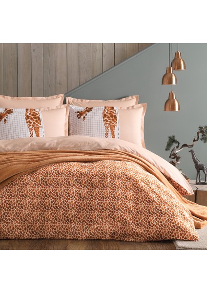 Bedding Giraffe Çift Kişilik Wellsoft Battaniyeli Nevresim Takımı Seti 5 Parça - Kahverengi