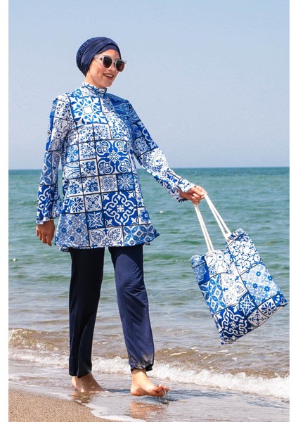 Mayo İp Bağlamalı 4’lü Lacivert Çini Desenli Tam Kapalı Tesettür Mayo 1950