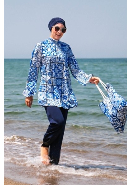 Mayo İp Bağlamalı 4’lü Lacivert Çini Desenli Tam Kapalı Tesettür Mayo 1950 fiyatları