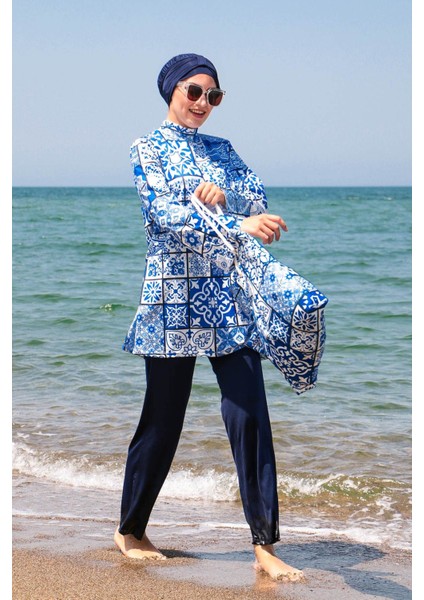 Mayo İp Bağlamalı 4’lü Lacivert Çini Desenli Tam Kapalı Tesettür Mayo 1950 modelleri