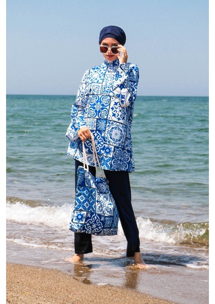 Mayo İp Bağlamalı 4’lü Lacivert Çini Desenli Tam Kapalı Tesettür Mayo 1950 fırsatları