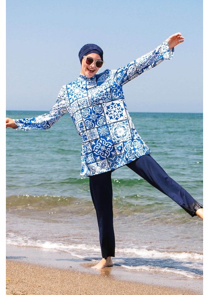 Mayo İp Bağlamalı 4’lü Lacivert Çini Desenli Tam Kapalı Tesettür Mayo 1950 indirimleri