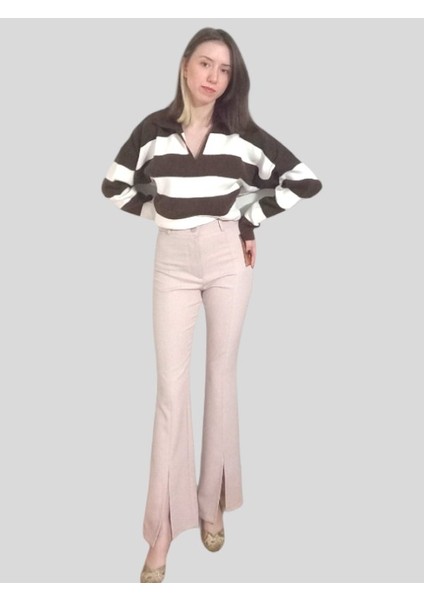 Ispanyol Paça Krem Renk Yırtmaç Detaylı Pantolon