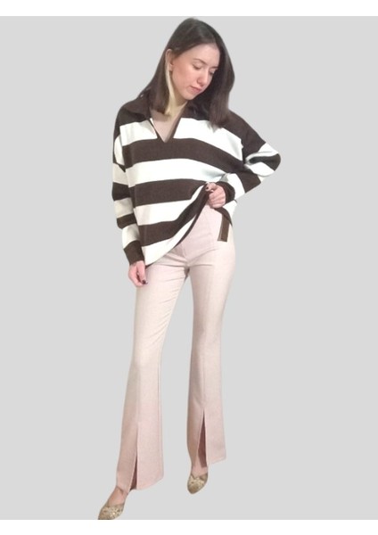 Ispanyol Paça Krem Renk Yırtmaç Detaylı Pantolon modelleri