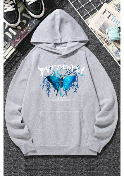 Unisex Blue Butterfly Baskılı Sweatshirt