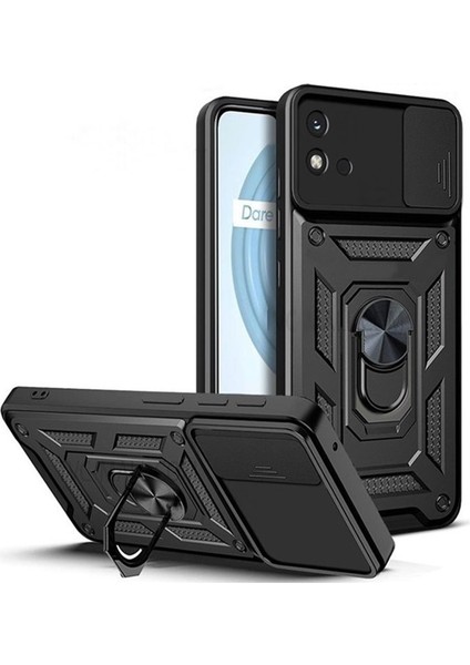 Realme C11 2021 Kılıf Yüzüklü Standlı Kamera Korumalı Pars + Ekran Koruyucu