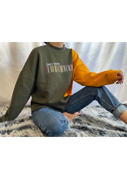 Twin Collectıon Sarı Detaylı Desenli Dik Yaka Vatkalı Haki Sweat
