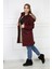 Kadın Bordo Peluşlu Oversize Gabardin Kumaş Içi Suni Kürklü Kaban Mont 1