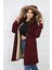 Kadın Bordo Peluşlu Oversize Gabardin Kumaş Içi Suni Kürklü Kaban Mont 3