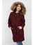Kadın Bordo Peluşlu Oversize Gabardin Kumaş Içi Suni Kürklü Kaban Mont 4