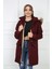 Kadın Bordo Peluşlu Oversize Gabardin Kumaş Içi Suni Kürklü Kaban Mont 5