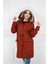 Kadın Kiremit Peluşlu Oversize Gabardin Kumaş Içi Suni Kürklü Kaban Mont 1
