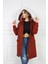 Kadın Kiremit Peluşlu Oversize Gabardin Kumaş Içi Suni Kürklü Kaban Mont 3