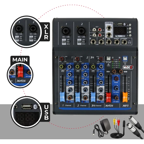 Midex MDX-45S Ses Mikseri Stüdyo Kayıt Için 4 Kanal Ses Kartlı +48V Phantomlu Kayıt Mikseri