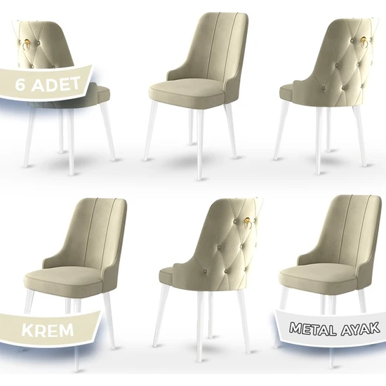 Canisa Concept Newa Serisi  Babyface Kumaş Beyaz Metal Ayak Gold Halkalı 6 Adet Sandalye