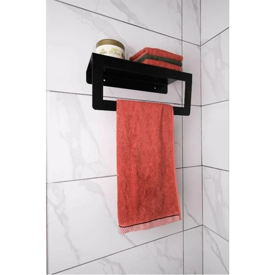 Tasagram Siyah Havlu Tutacağı Raf Metal Havlu Askısı Mutfak Banyo Raflı Havluluk Metal Raflı Havluluk 30 cm