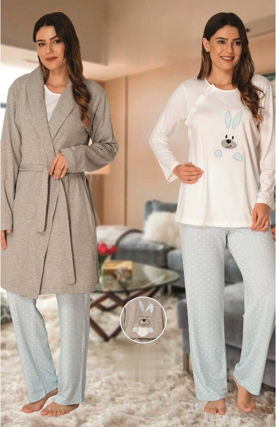 Puerpera Effort Kadın Mavi Tavşan Baskılı Sabahlıklı Hamile Lohusa Pijama Takımı 3090