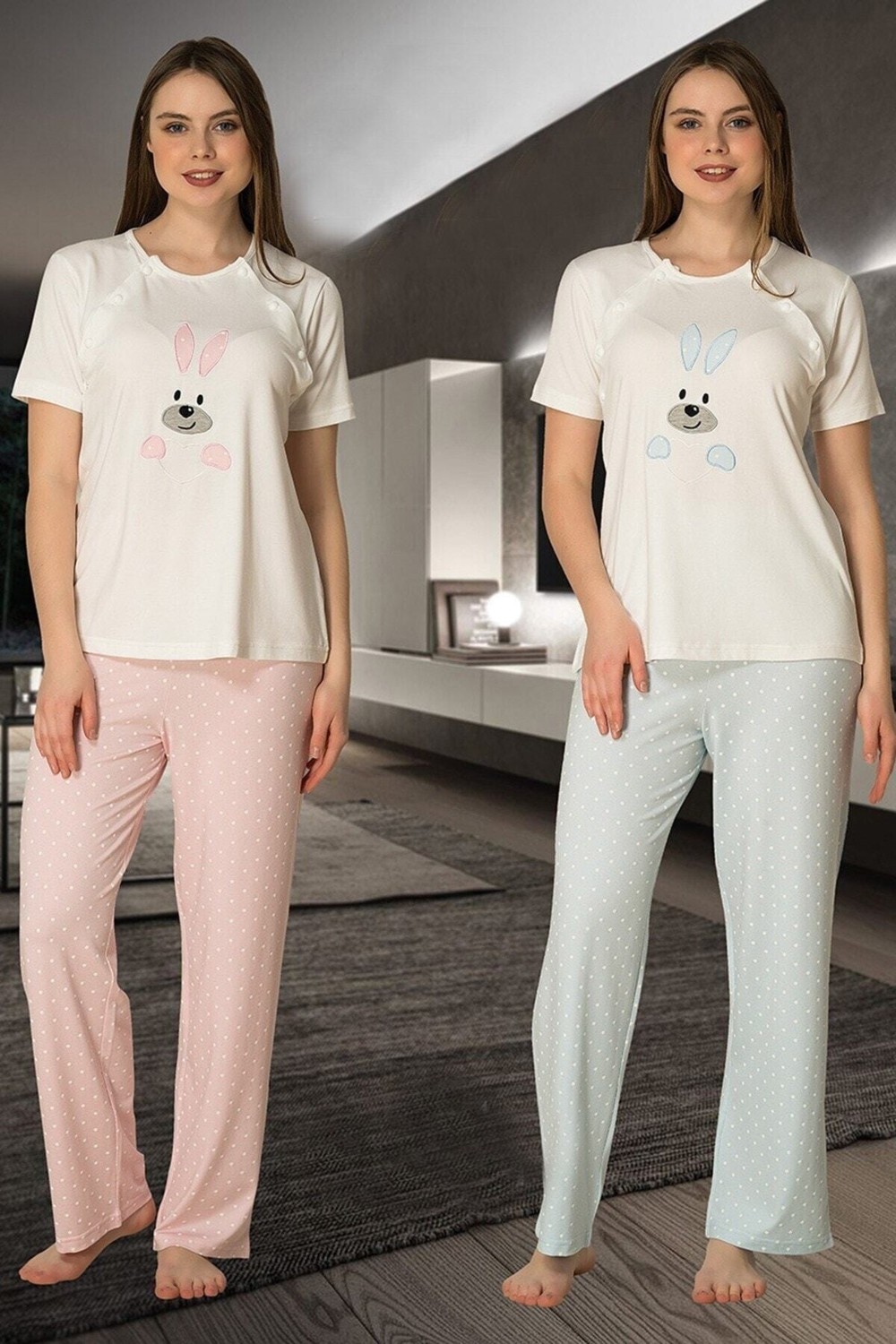 Puerpera Effort Kadın Pembe Kısa Kollu Tavşan Figürlü Lohusa Hamile Pijama Takımı 2074 görsel 2