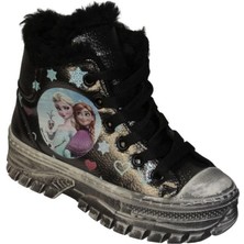 Yaz Kış Ayakkabı Yazkış Kız Çocuk Siyah Platin Kürklü Elsa Figüranlı Bağcıklı Fermuarlı Spor Bot