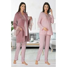 Puerpera Effort Kadın Kışlık Pudra Kadife Sabahlıklı Lohusa Hamile Pijama Takımı 8088