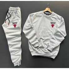 New Cabin Yeni Sezon Unisex Bulls Baskılı Gri Pamuklu Sıfır Yaka- Pamuklu Gri Eşofman Altı Takım 2'li