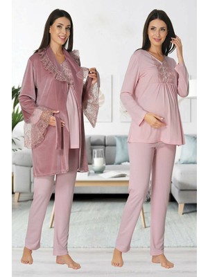 Puerpera Effort Kadın Kışlık Pudra Kadife Sabahlıklı Lohusa Hamile Pijama Takımı 8088