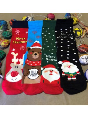 MHT 4'lü Hediye Kutusu Noel Babalı Yılbaşı Temalı Çorap Hediyelik Kış Çorabı Uzun Çorap Kolej Çorap