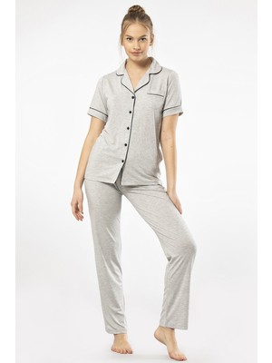 Türen Kadın Düz Kısa Kollu Gömlek Yaka Pijama Takım