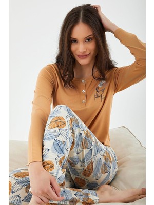 Pierre Cardin 8425 Good Things Take Time Camel Kadın Uzun Kol Pijama Takım